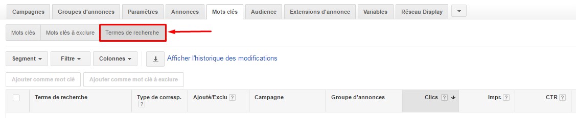 Rapport termes de recherche Google AdWords