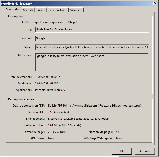 Les propriétés du document PDF